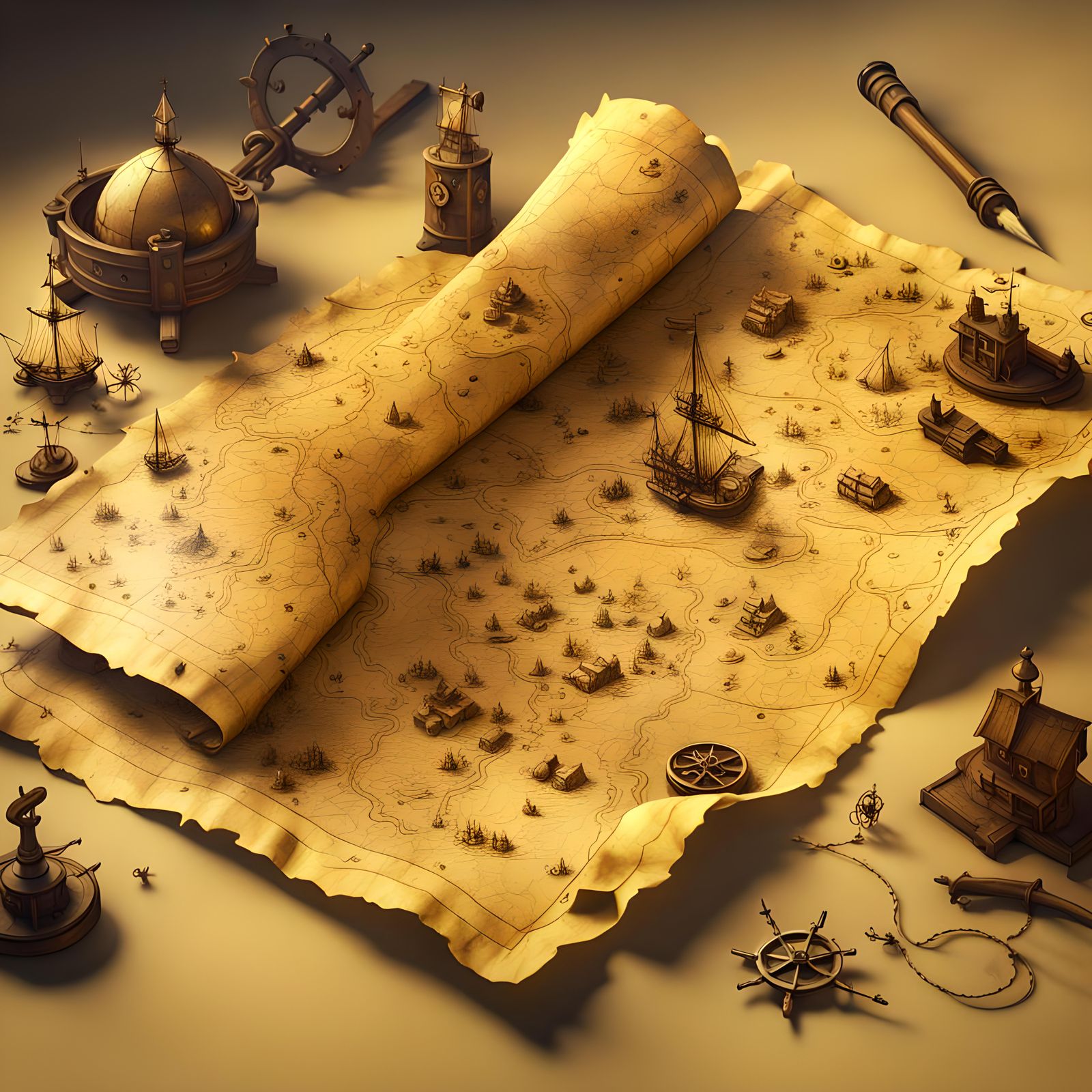 Detailed 3D Treasure Map on Parchment