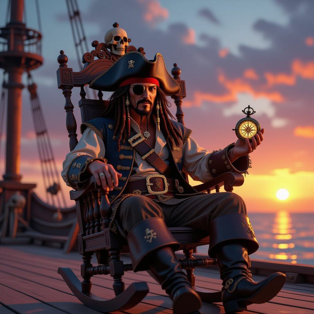 Pirate Captain at the Helm in Cinematic Sunset
