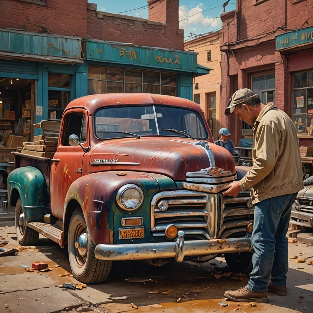 Man and His 1950s Pickup Truck in Hyperrealism