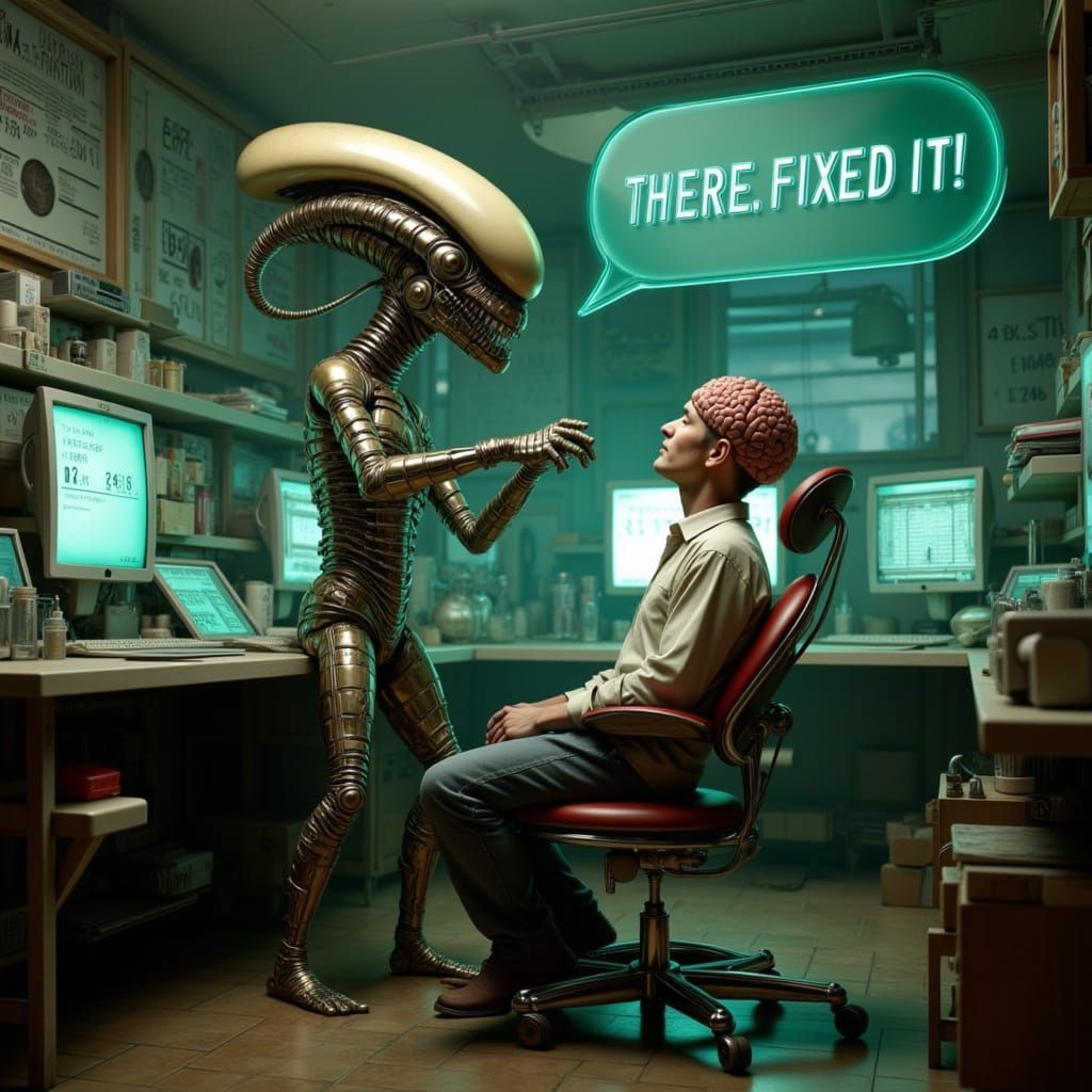 Alien Dentist Implants Chip in Exposed Brain, Photosurrealis...