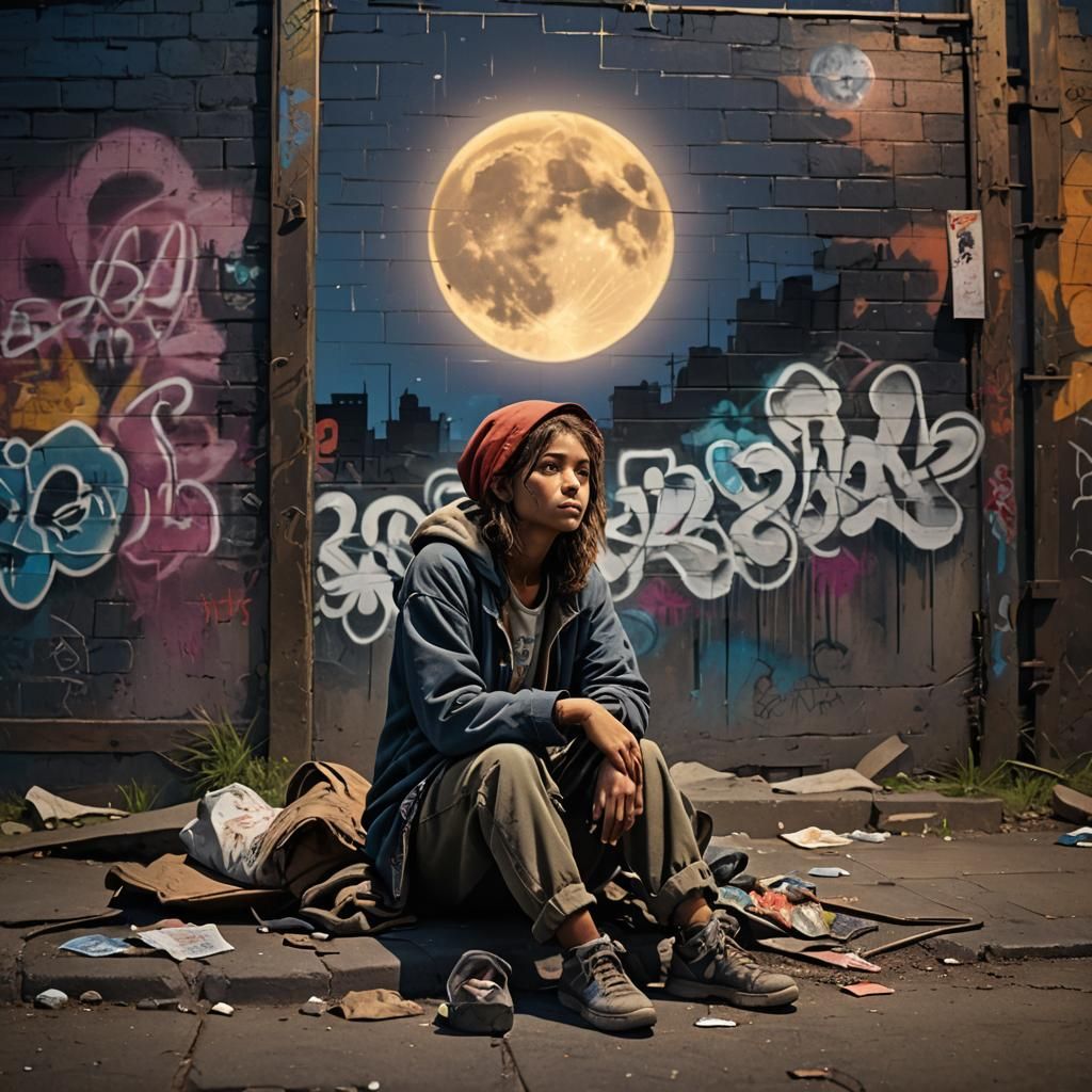 Homeless Girl Under Moonlight: Digital Matte Painting