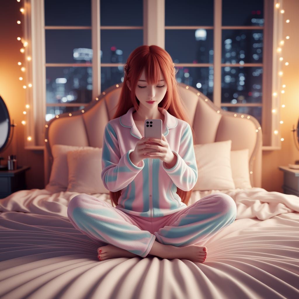 Japanese Woman in Cozy Shibuya Bedroom at Night
