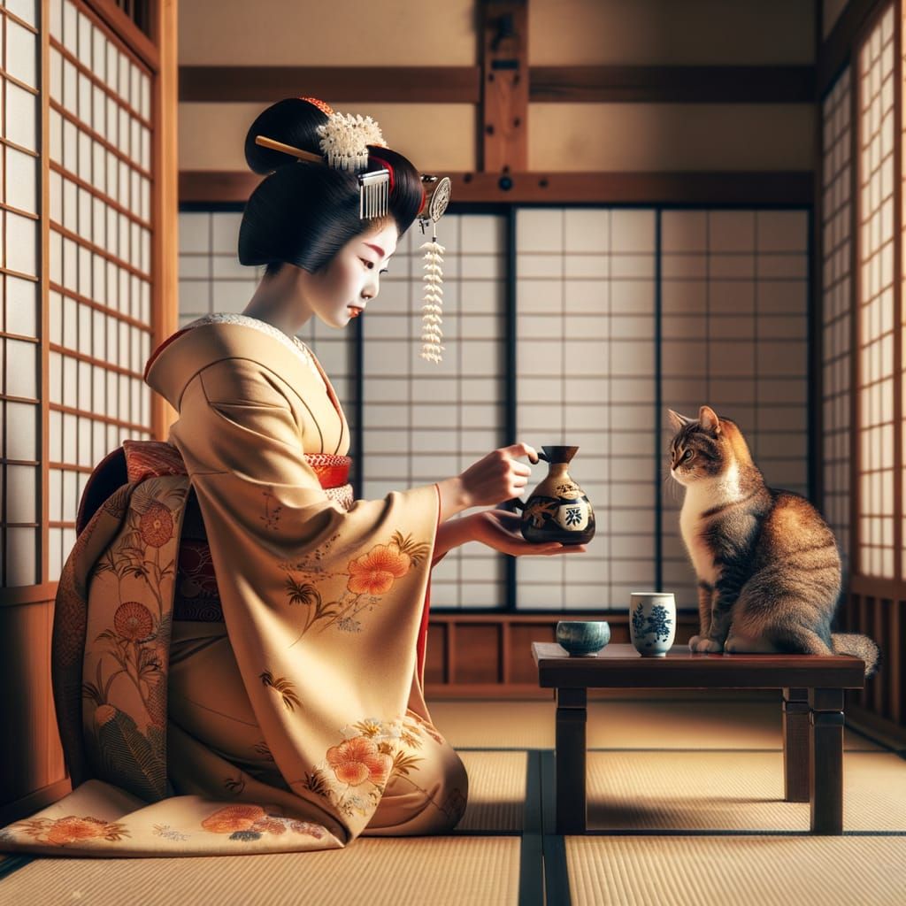 Maiko Serving Sake to Cat in Edo-Era Room