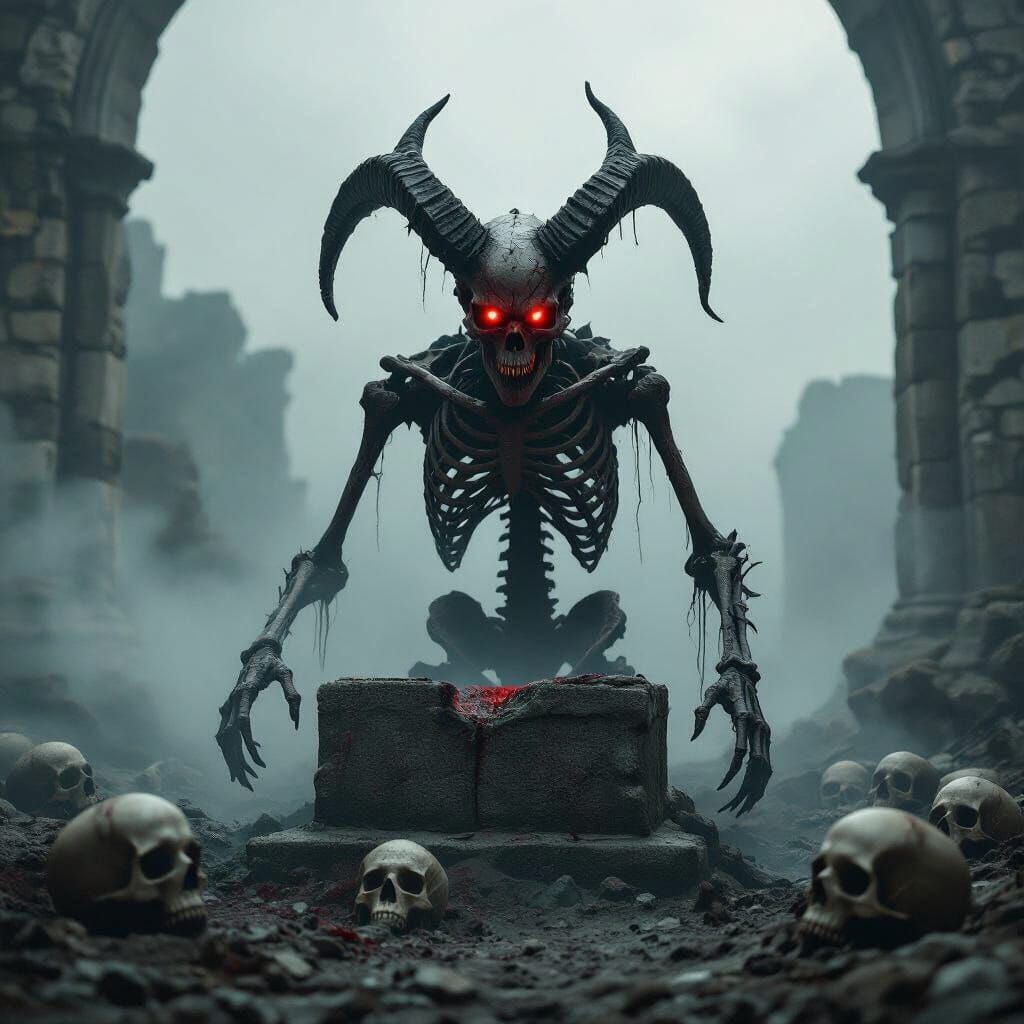 Demonic Skeletal Entity Emerges from Gothic Ruins