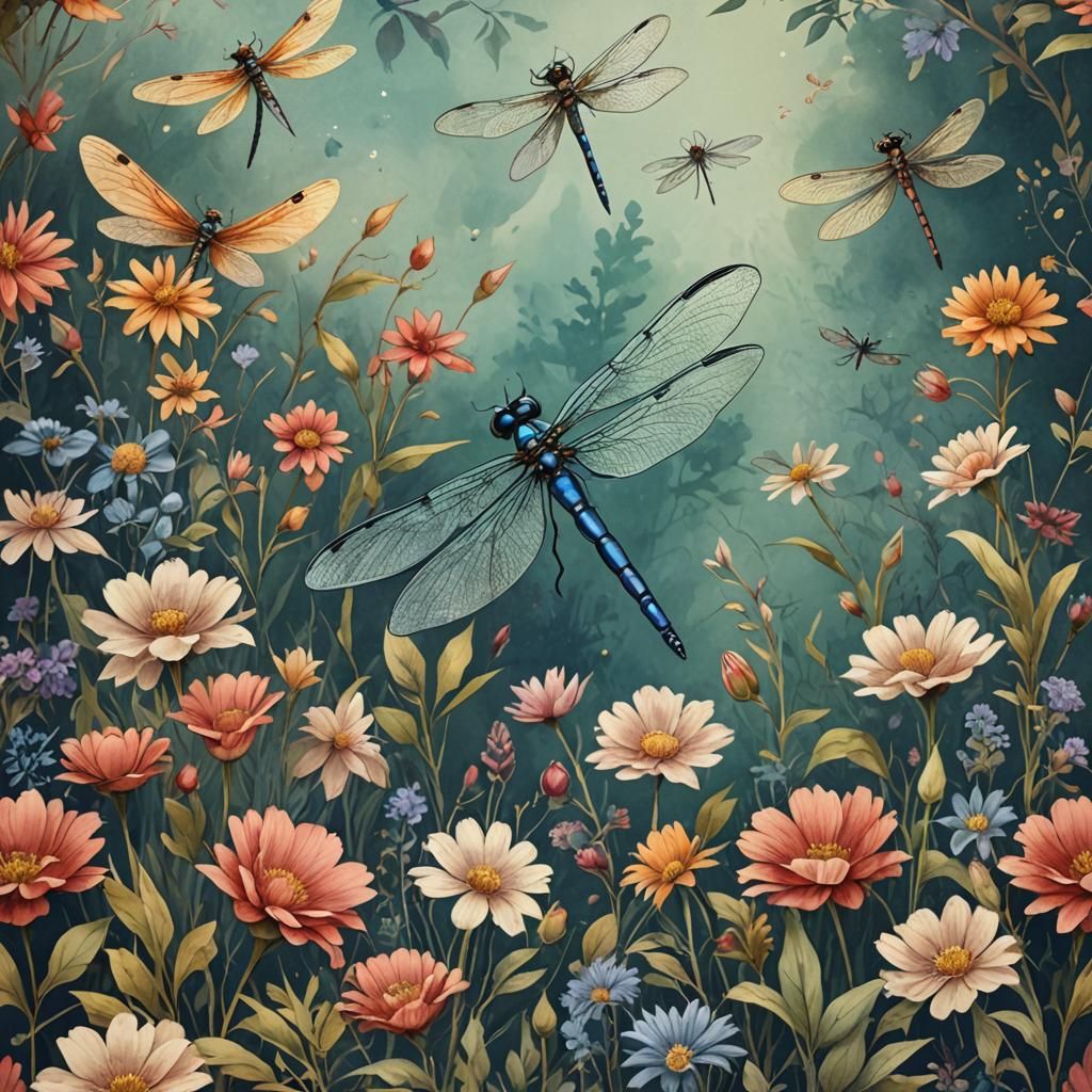 Vintage Watercolour Flowers and Dragonfly Art