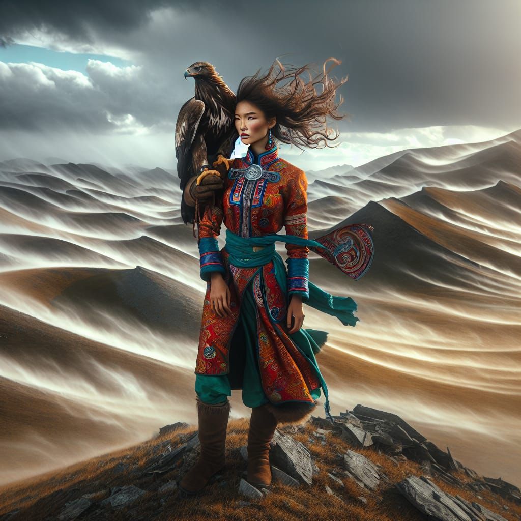 Mongolian Warrior Woman with Eagle, Ultra-High-Resolution Ph...