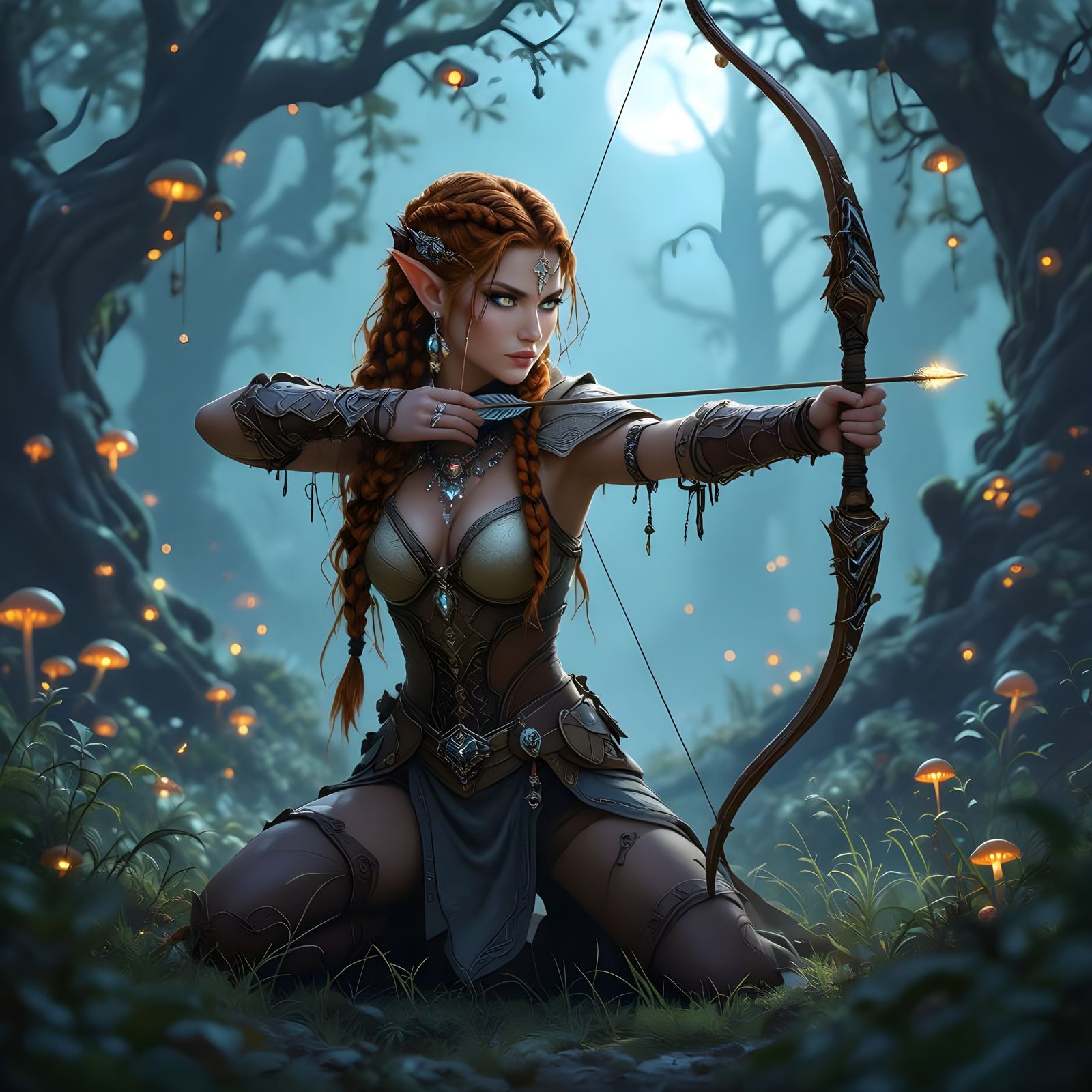 Ethereal Huntress in Moonlit Forest