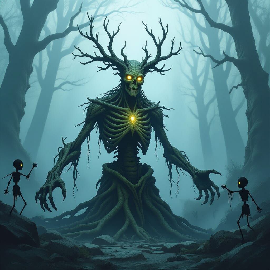 Eerie Forest: Skeletal Tree-Being Emerges