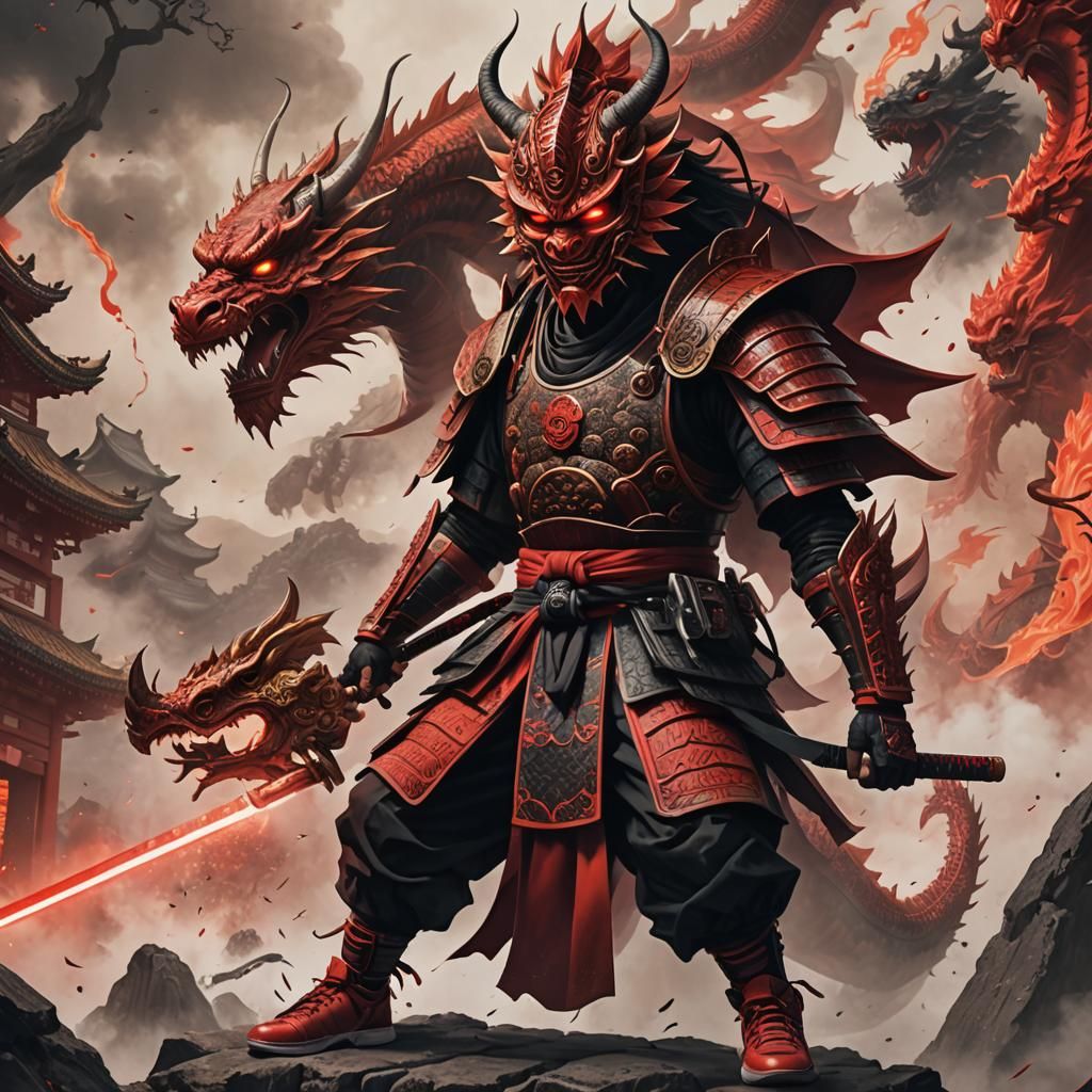 Samurai with Energy Sword and Dragon, Hokusai Style