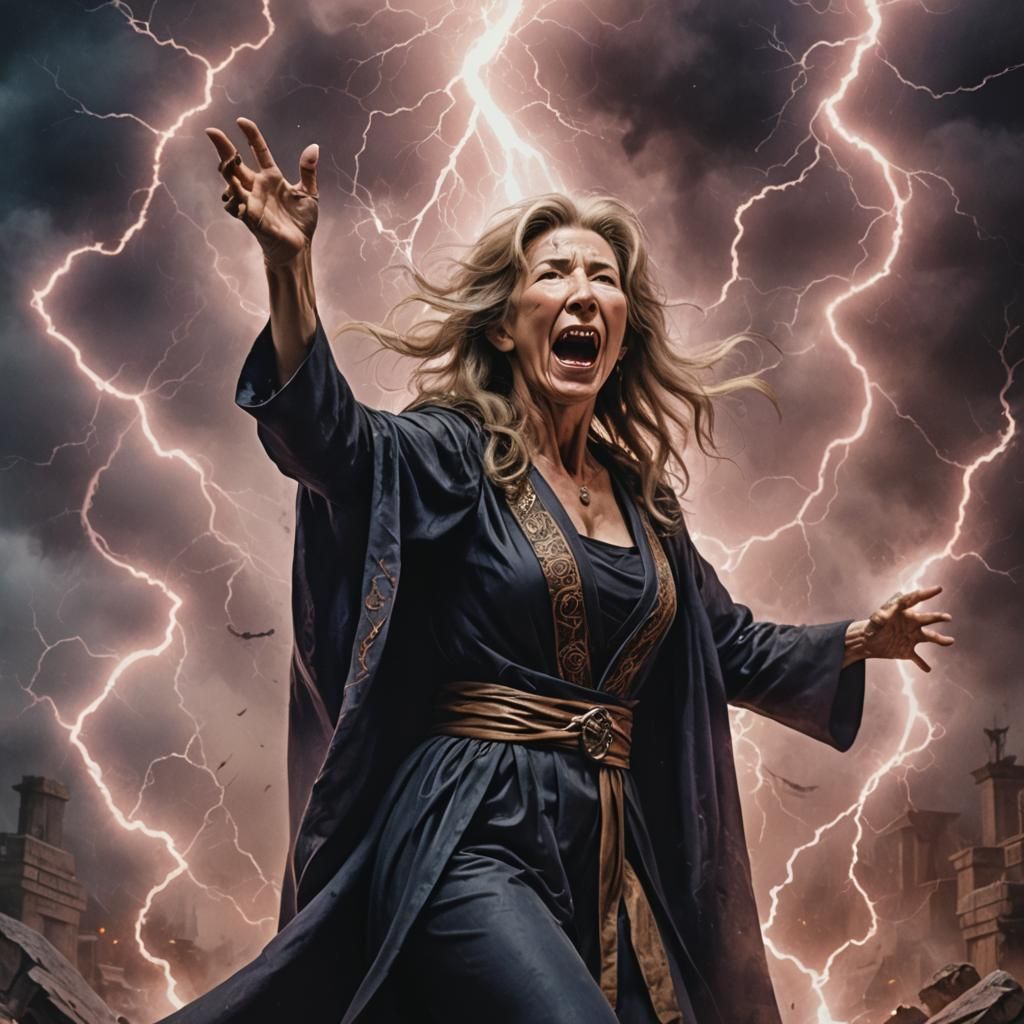 Lin Shaye as a mystic sorceress casting a large spell callin...