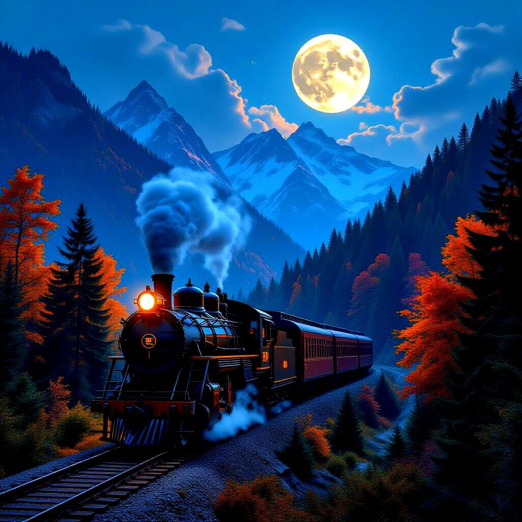 Steampunk Train in Autumn Mountains Under Full Moon