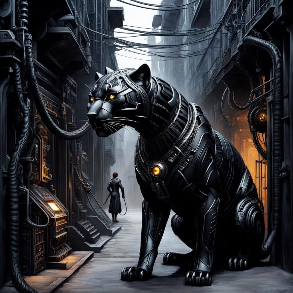 Mechanical Black Panther Cyborg in Dark Alley