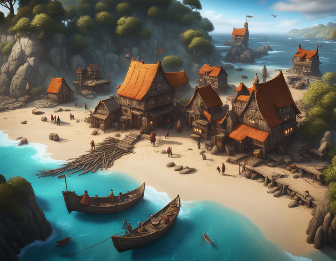 Island Village Harvesting Giant Fish: Fantasy Concept Art