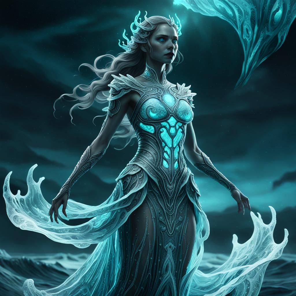 Bioluminescent Ice Demon in Cyan Dress