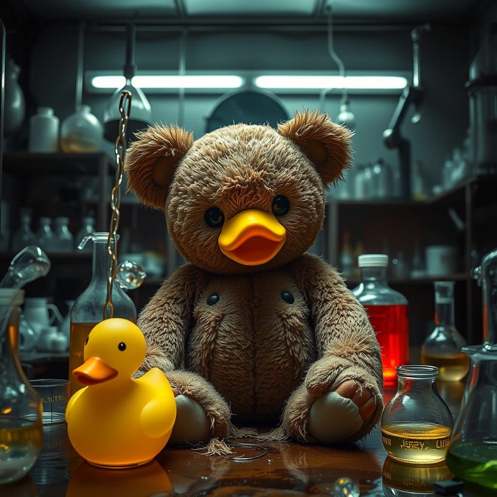 Disturbing Teddy Bear Transformation in Surreal Photo