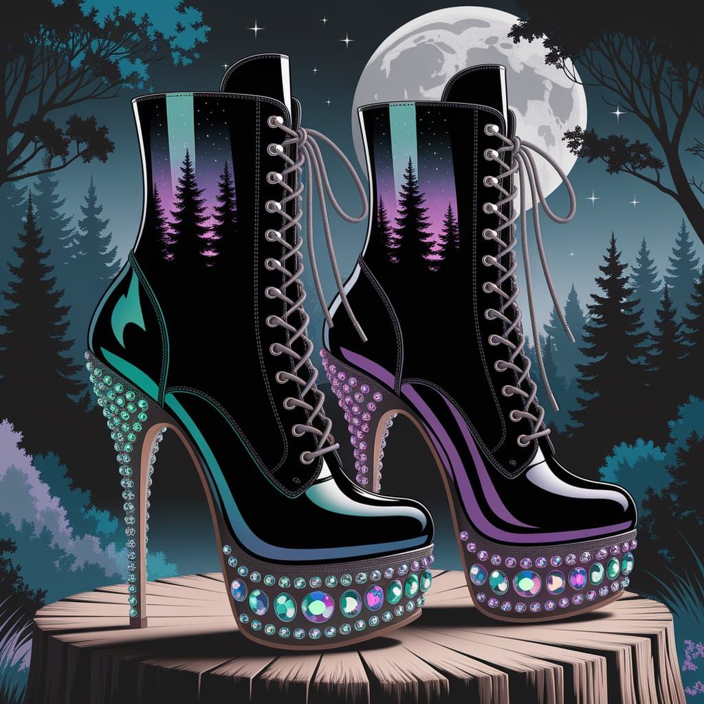 Reflective Forest Boots with Crystal Heels