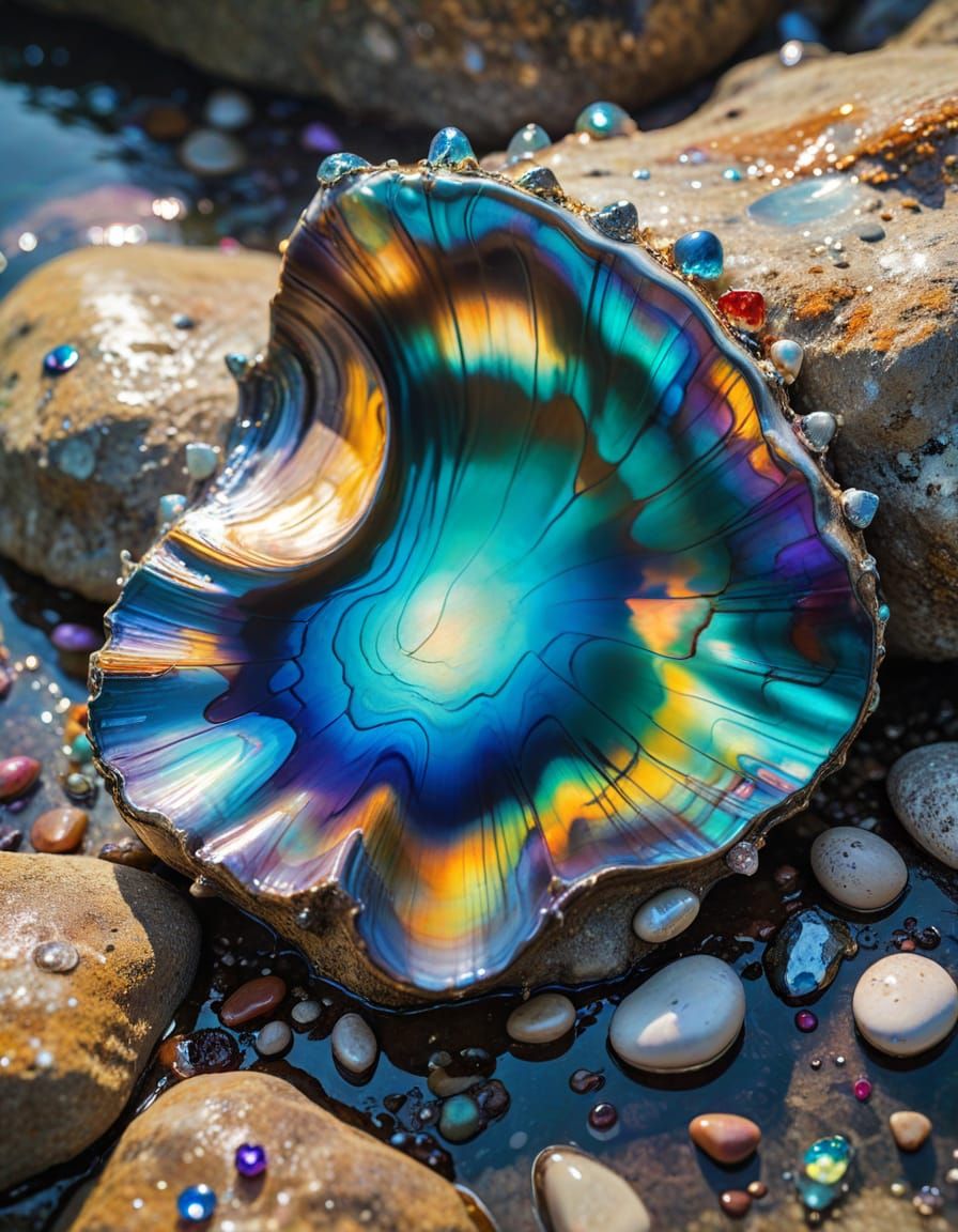 Iridescent Abalone Shell on Wet Rock Splash Art