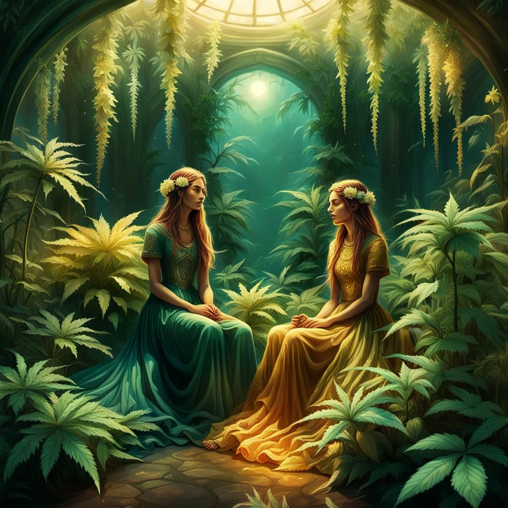 Two Enchanting Maidens in a Whimsical Garden of Radiant Bloo...