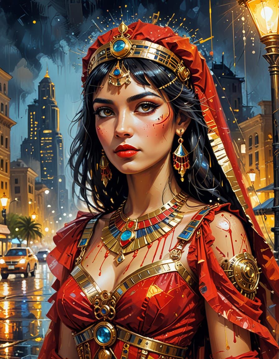 Steampunk Cleopatra in Red Dress Oil Painting
