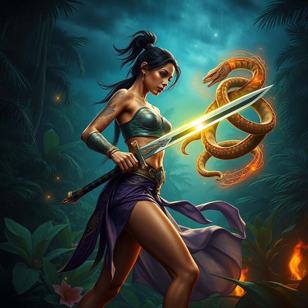 Slender Latina Warrior Emerges Under a Stormy Jungle Sky