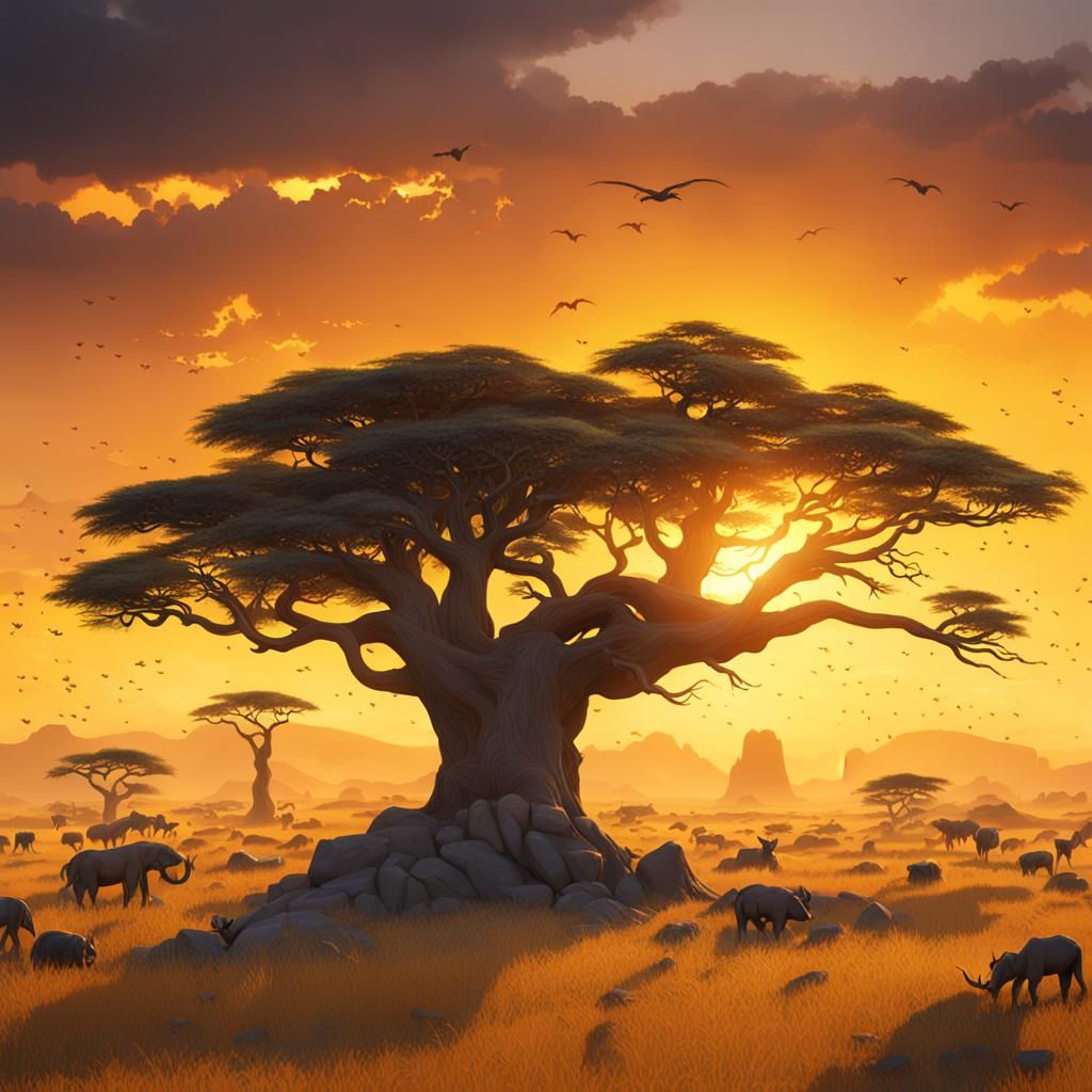 Serengeti Sunset: Detailed Matte Painting in Deep Color