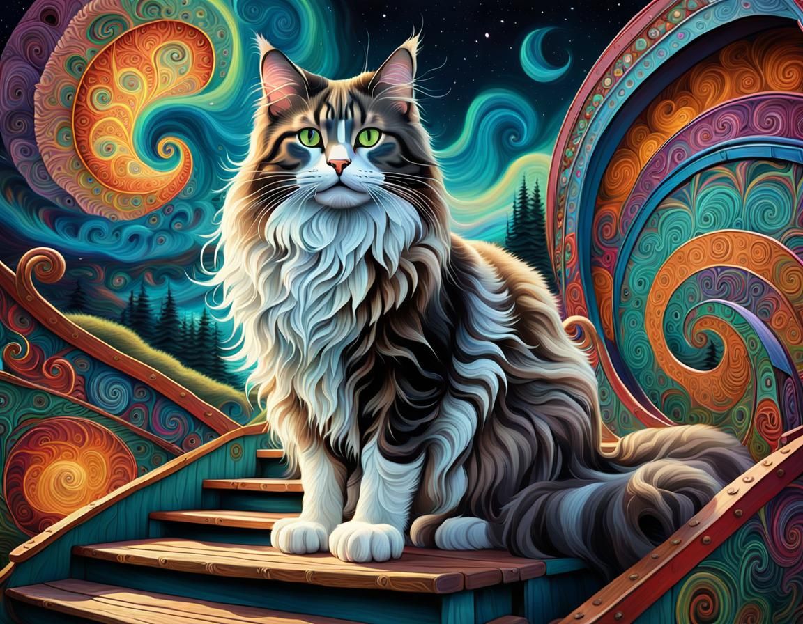 Norwegian Forest Cat on Abstract Gypsy Wagon