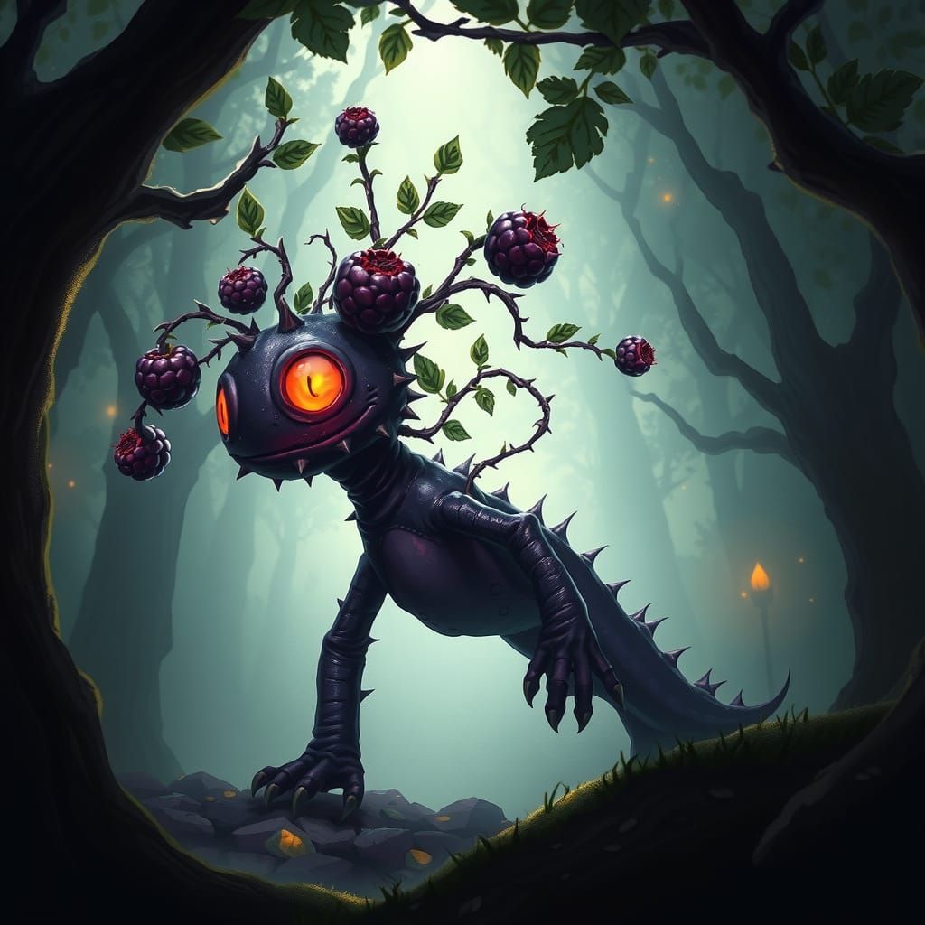 Whimsical Blackberry Monster Emerges from Shadows