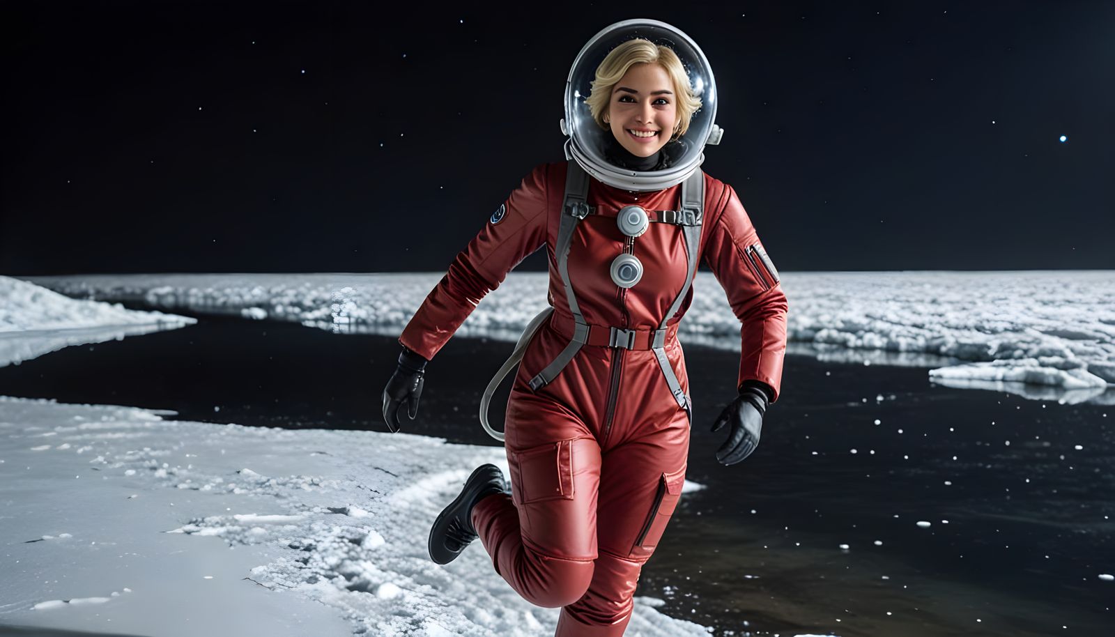 Exotic Astronaut Explores Icy Alien Landscape