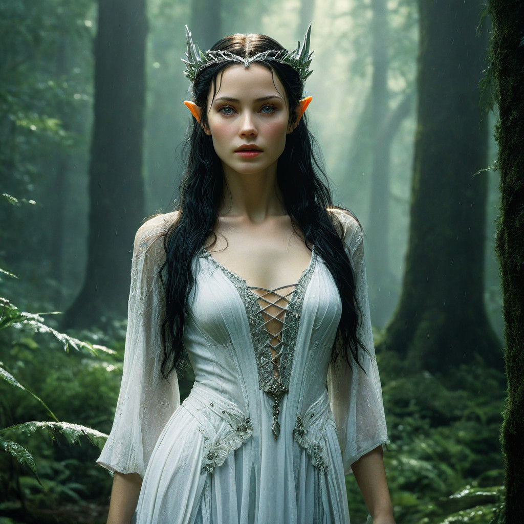Ethereal Elf Maiden in Whimsical Forest Scene