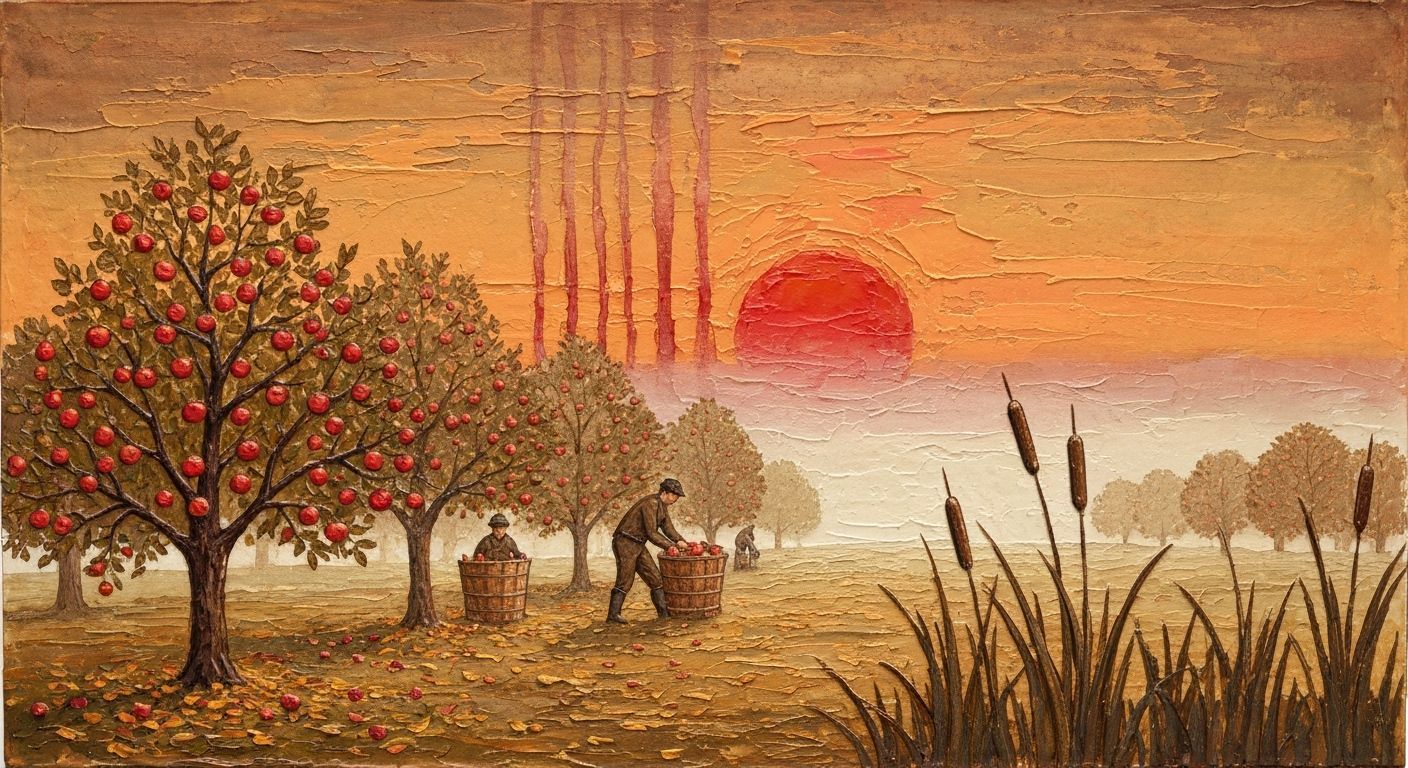 Farmers Harvesting Apples in Misty Sunrise Orchard