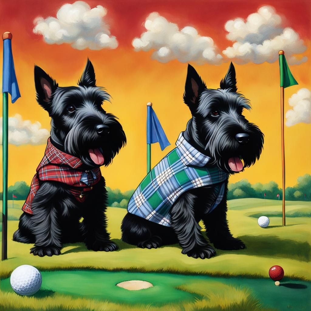 Scottish Terriers Play Golf in Plaid Knickers
