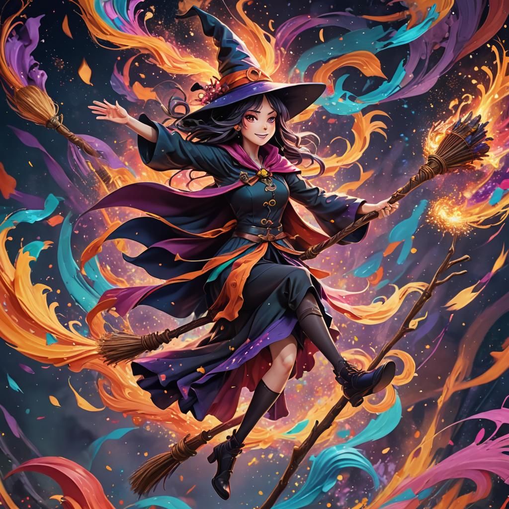 Anime Witch Flying Through Colorful Fantasy World