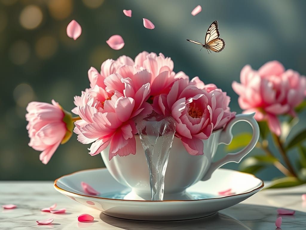 Surreal Peonies Bloom From Teacup With Waterfall