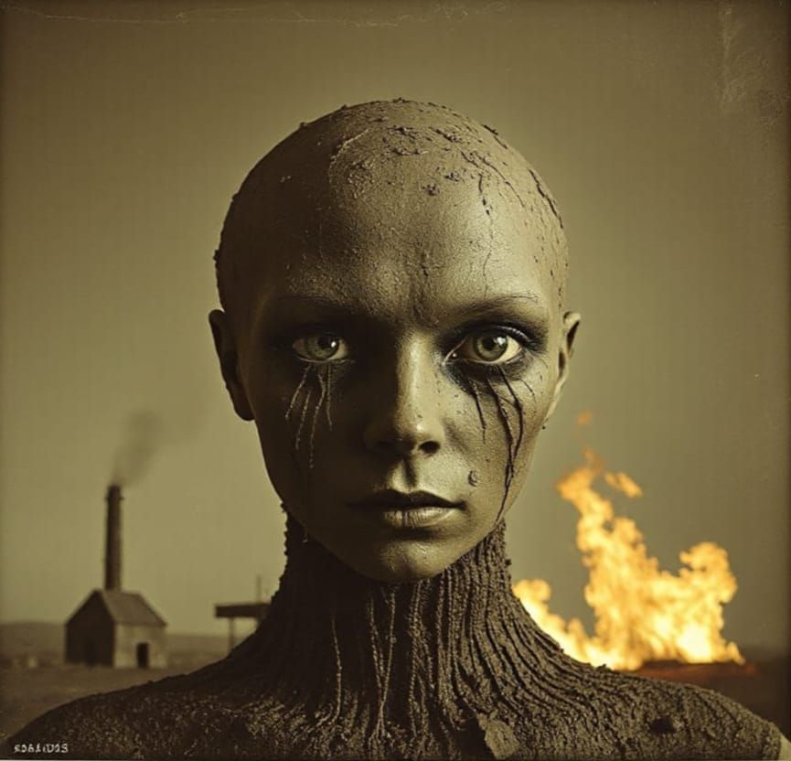 Surreal Factory Golem with Mud-Sealed Eyes