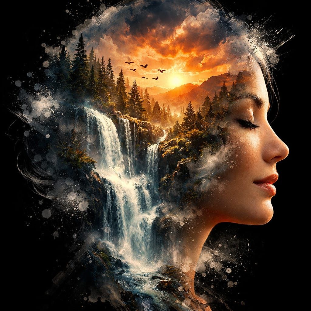 Surreal Double Exposure Portrait of Woman Merging with Natur...