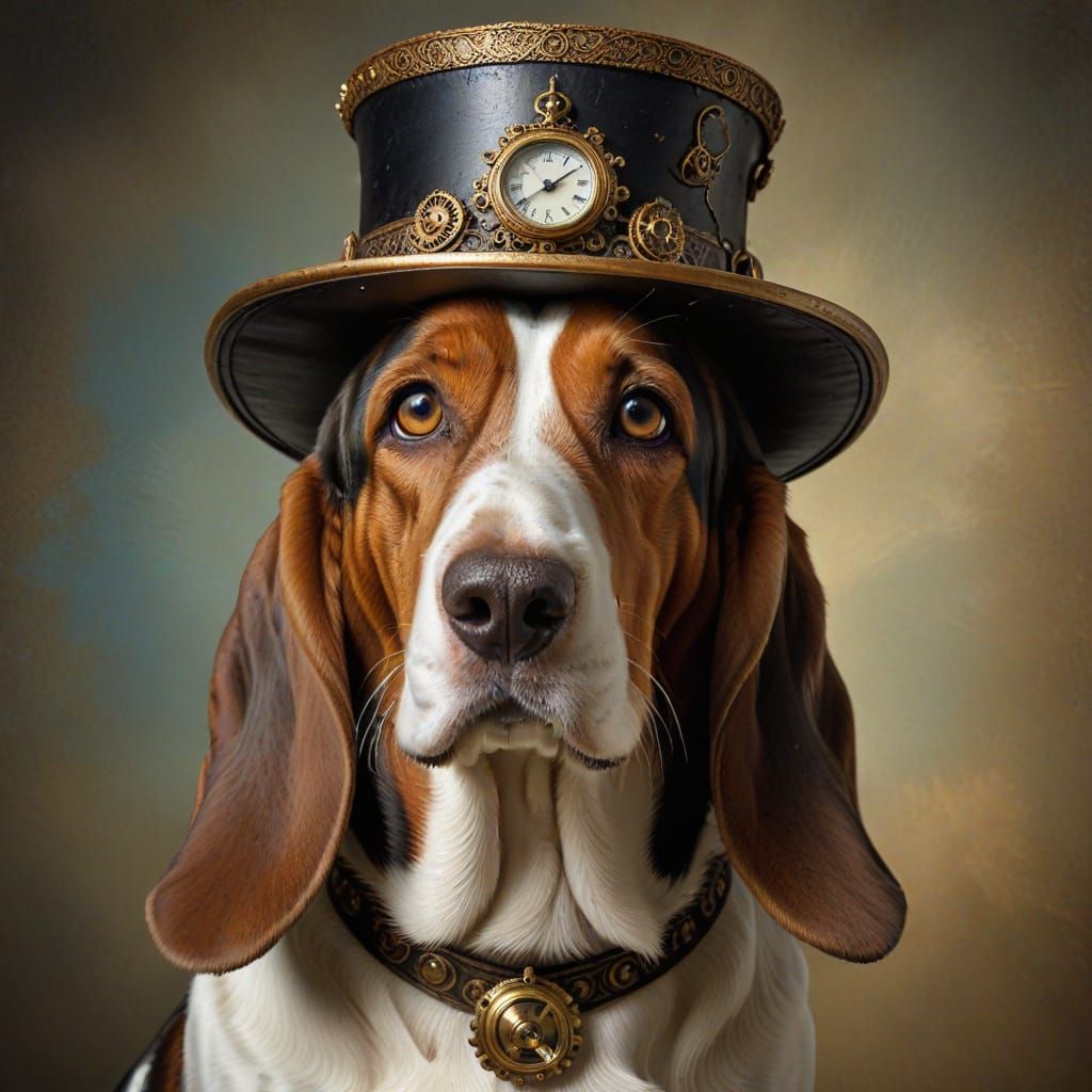 Steampunk Basset Hound Portrait in Ornate Hat