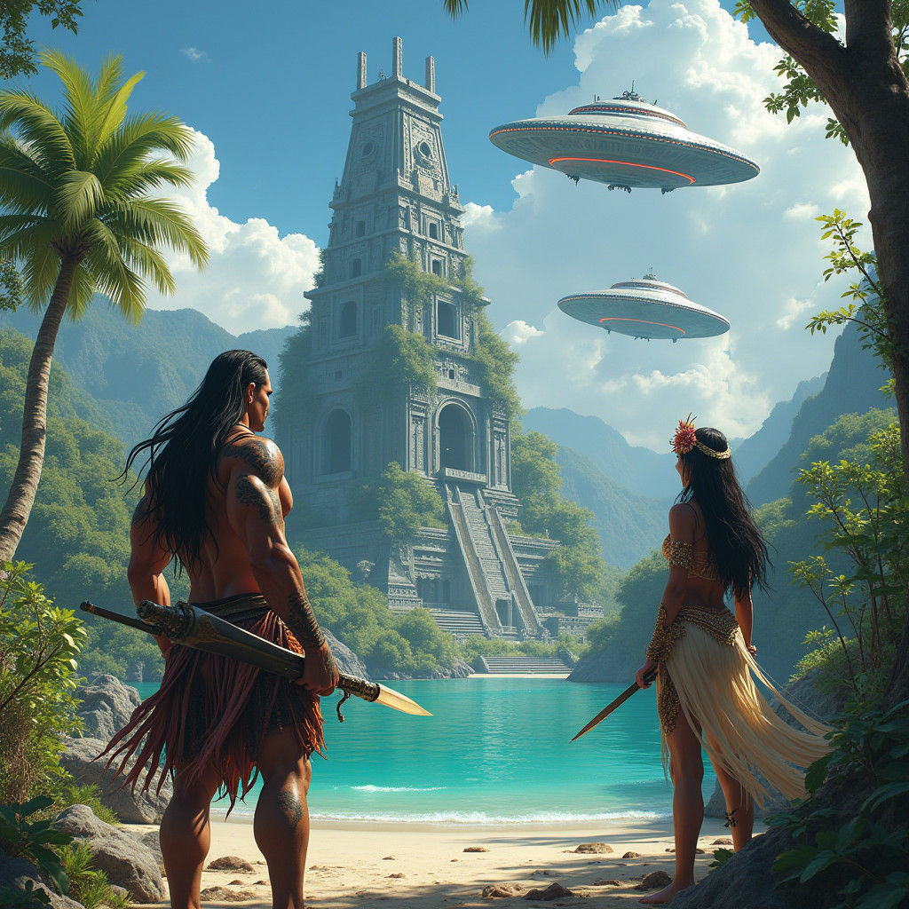 Maori Warrior Protects Princess of MU in Exotic Landscape