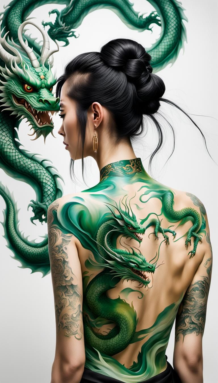 Green Dragon Yakuza Tattoo in Surrealist Style