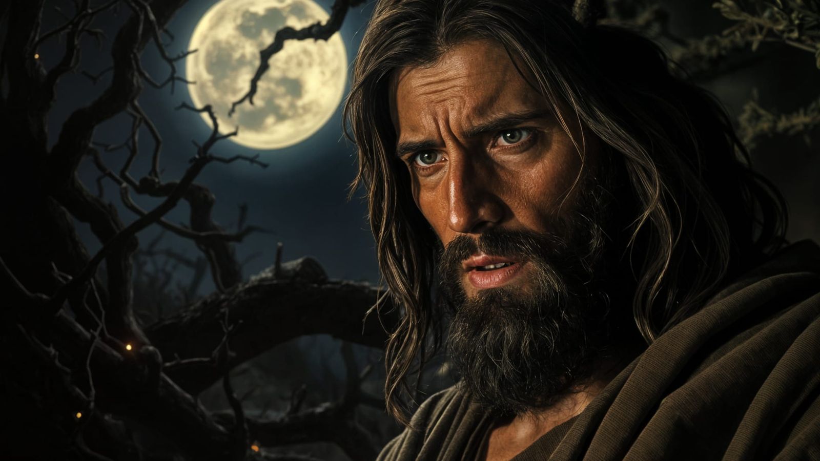 Jesus in Dark Olive Grove at Night