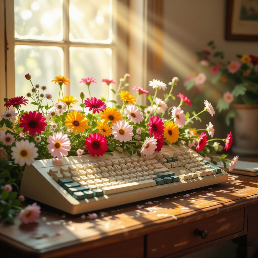 Keyboard Overflowing with Flowers in Soft Light