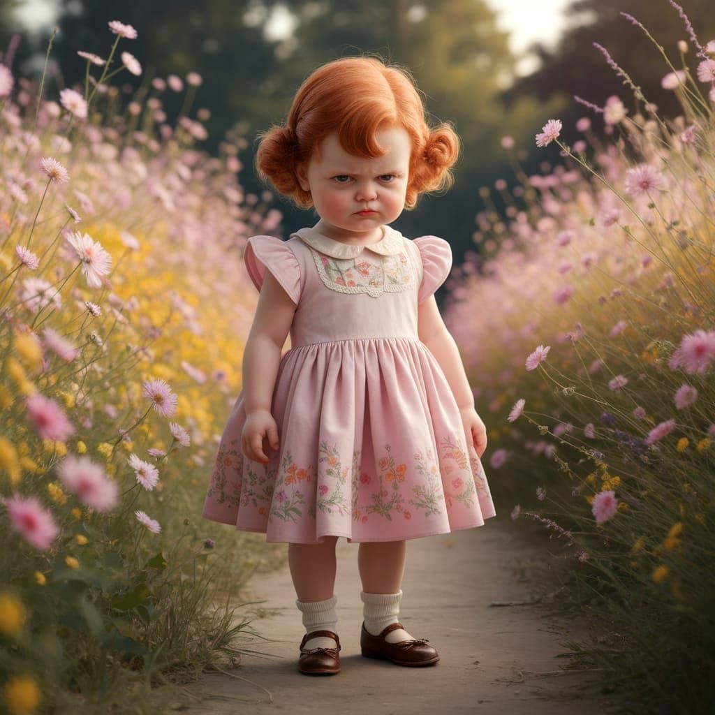 Charming Grumpy Girl in Dreamy Wildflower Field