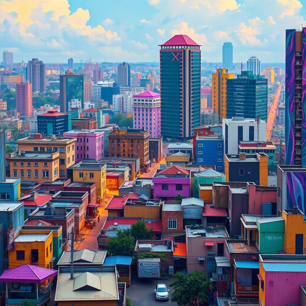 Vibrant Lagos Cityscape at Sunset in Impressionist Style