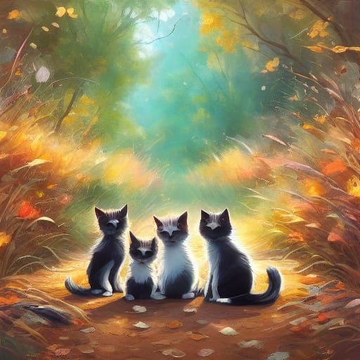 Cute Kittens Play in Autumn Leaves - Whimsical Storybook Sty...