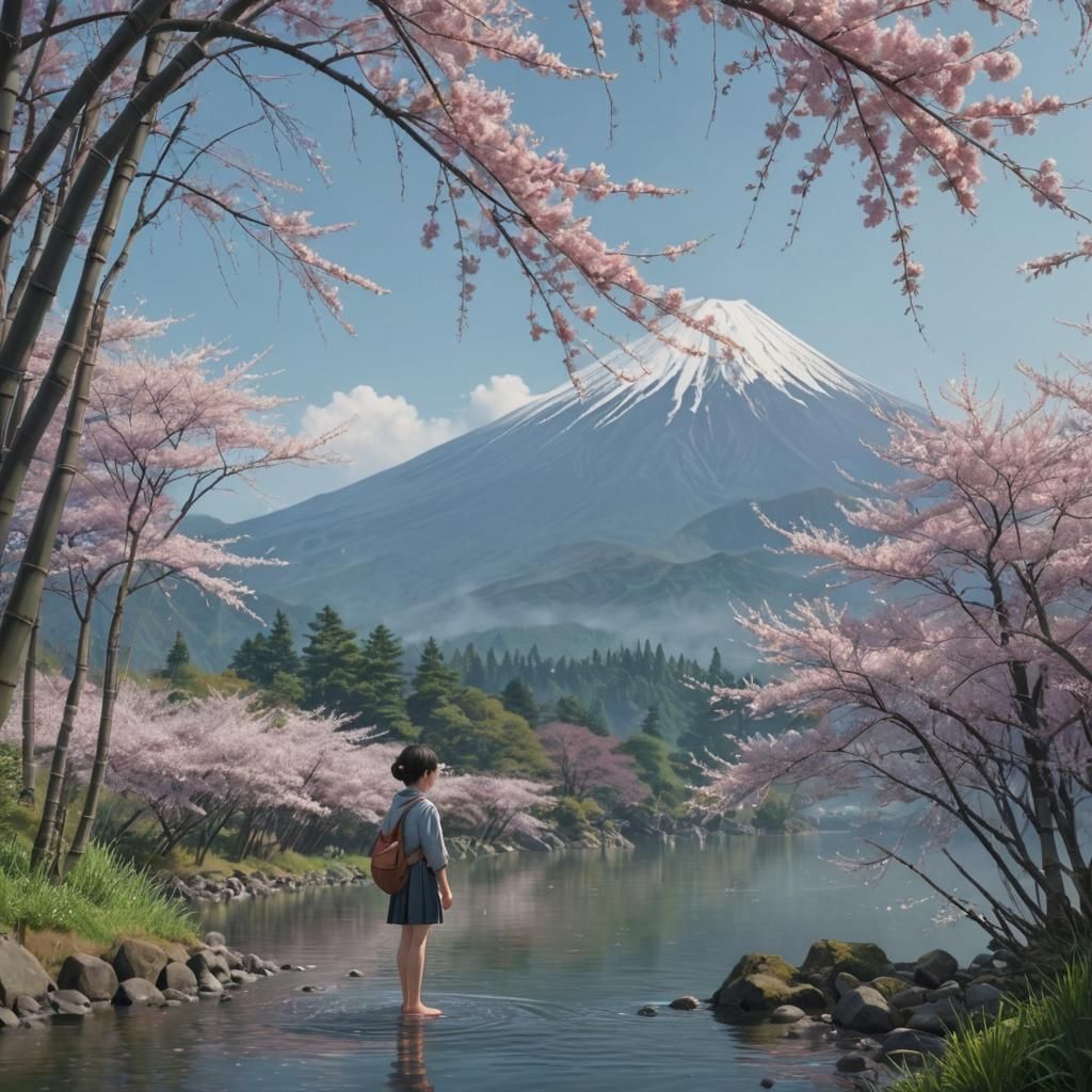 Child at River's Edge with Mt. Fuji in 3D