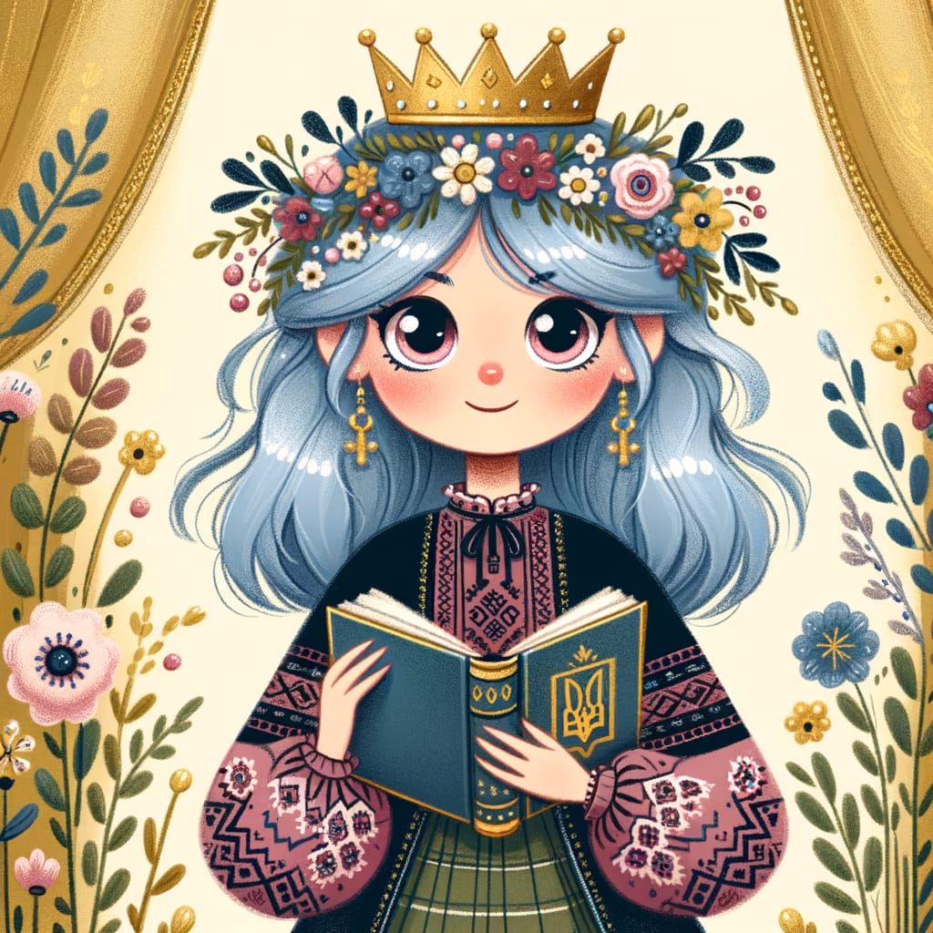 Whimsical Girl with Blue Hair Reads in Golden Room