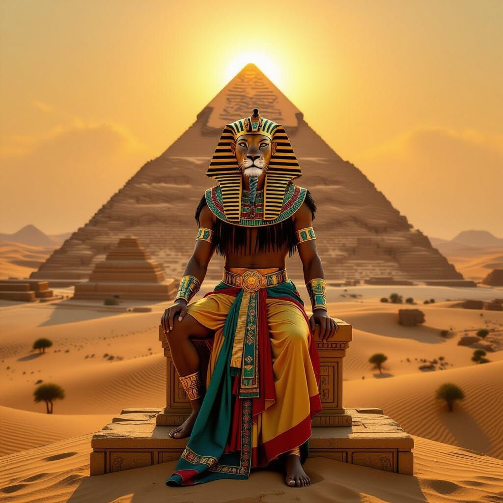 Lion Pharaoh Surveys Kingdom: Maximalist Digital Art