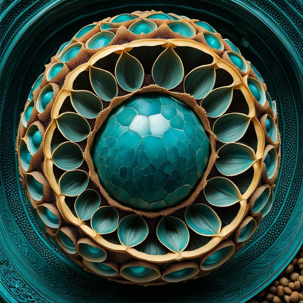 Honeycomb Seed Pod with Teal Orbs: Art Nouveau Style