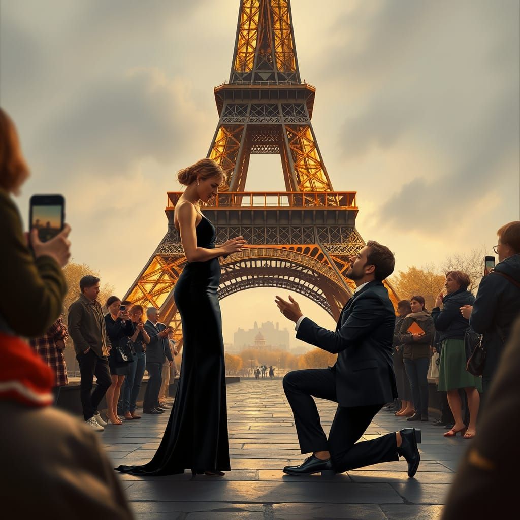 Romantic Proposal Scene in Front of the Eiffel Tower in Eleg...