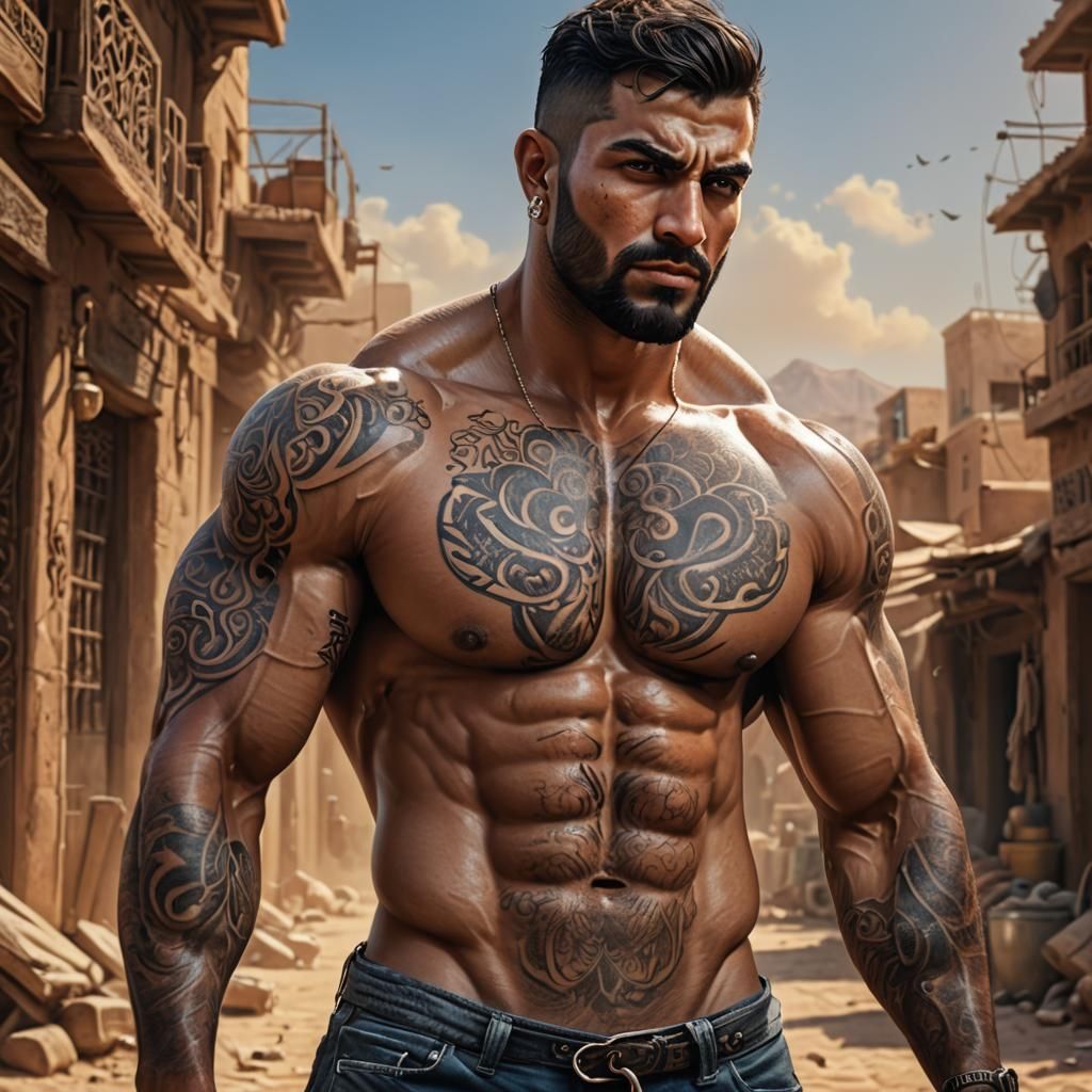 Attractive Tattooed Arab Male as Digital Oil Painting