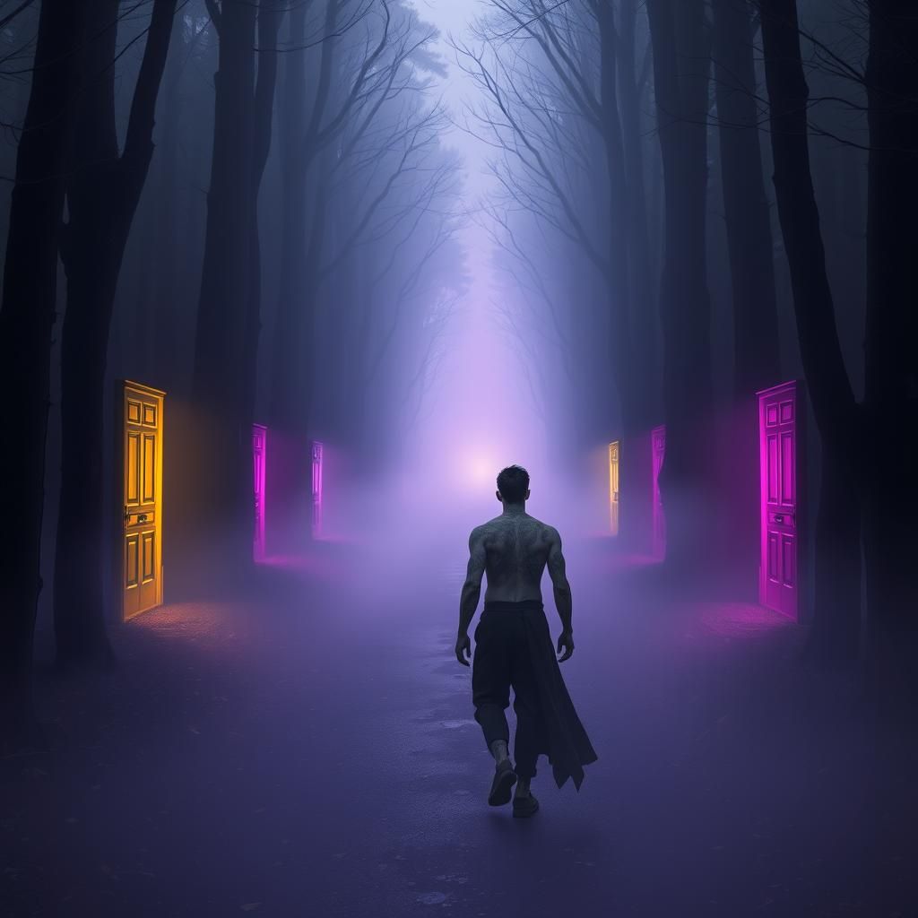 Gothic Man Lost in Foggy Forest of Memories